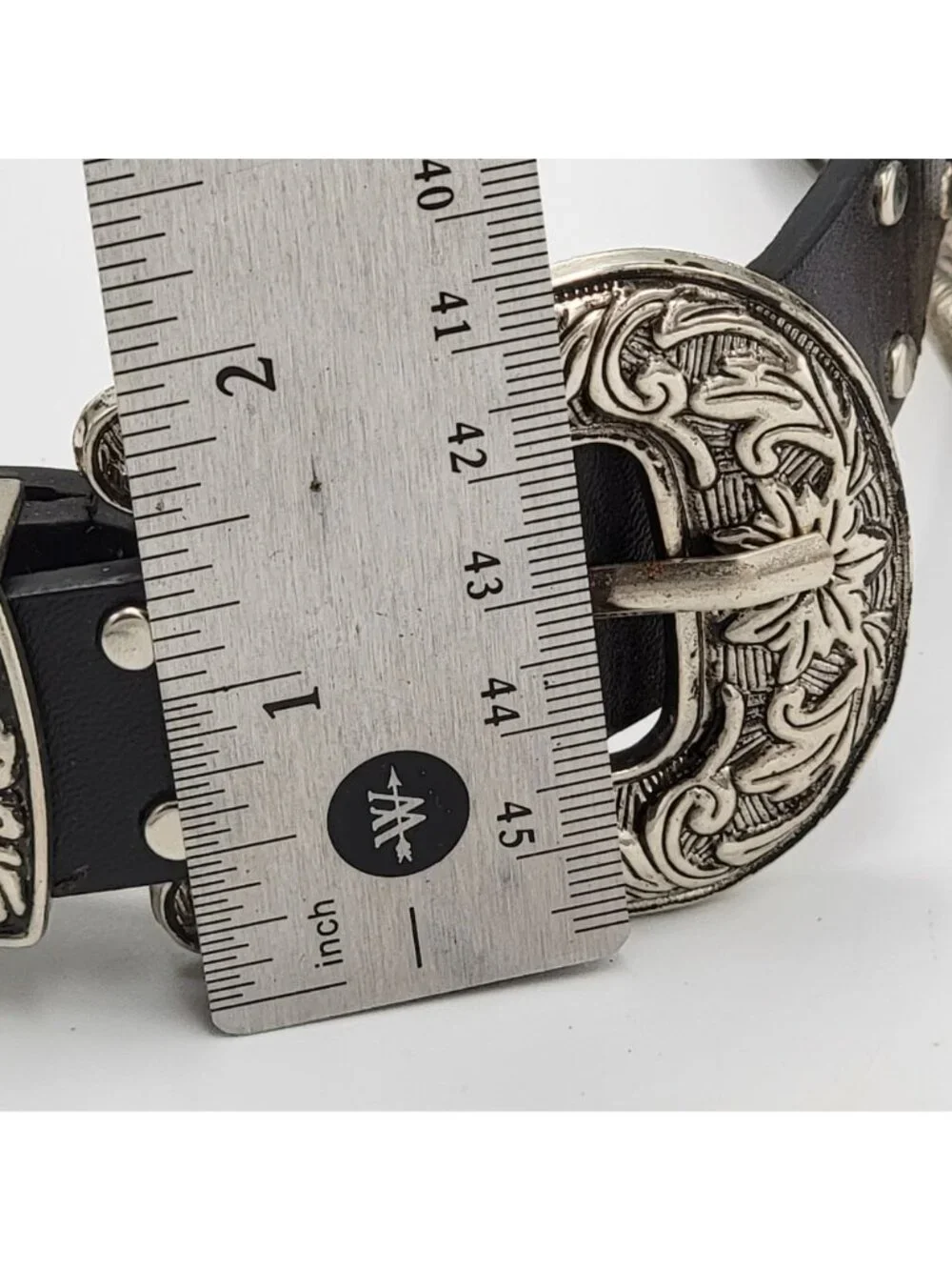 Western-Style Black Leather Belt With Dual Ornate Silver Buckles & Stud Details